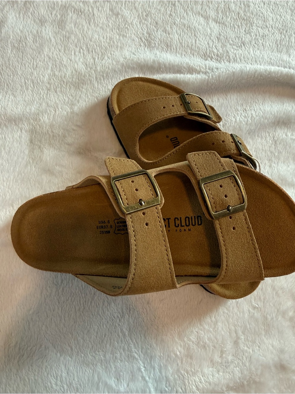 Soft Cloud Double-Buckle Slide Sandals in Tan Suede